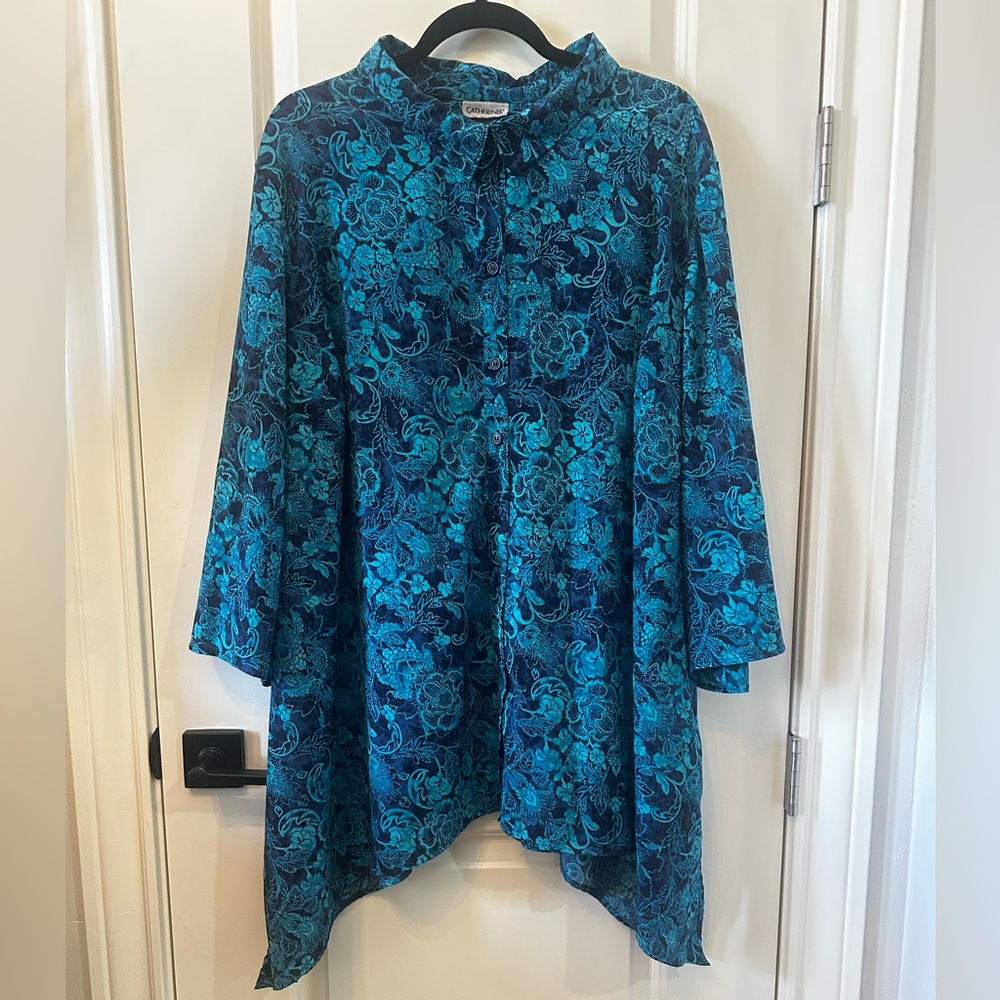 Catherines Teal Floral Button Down Shirt